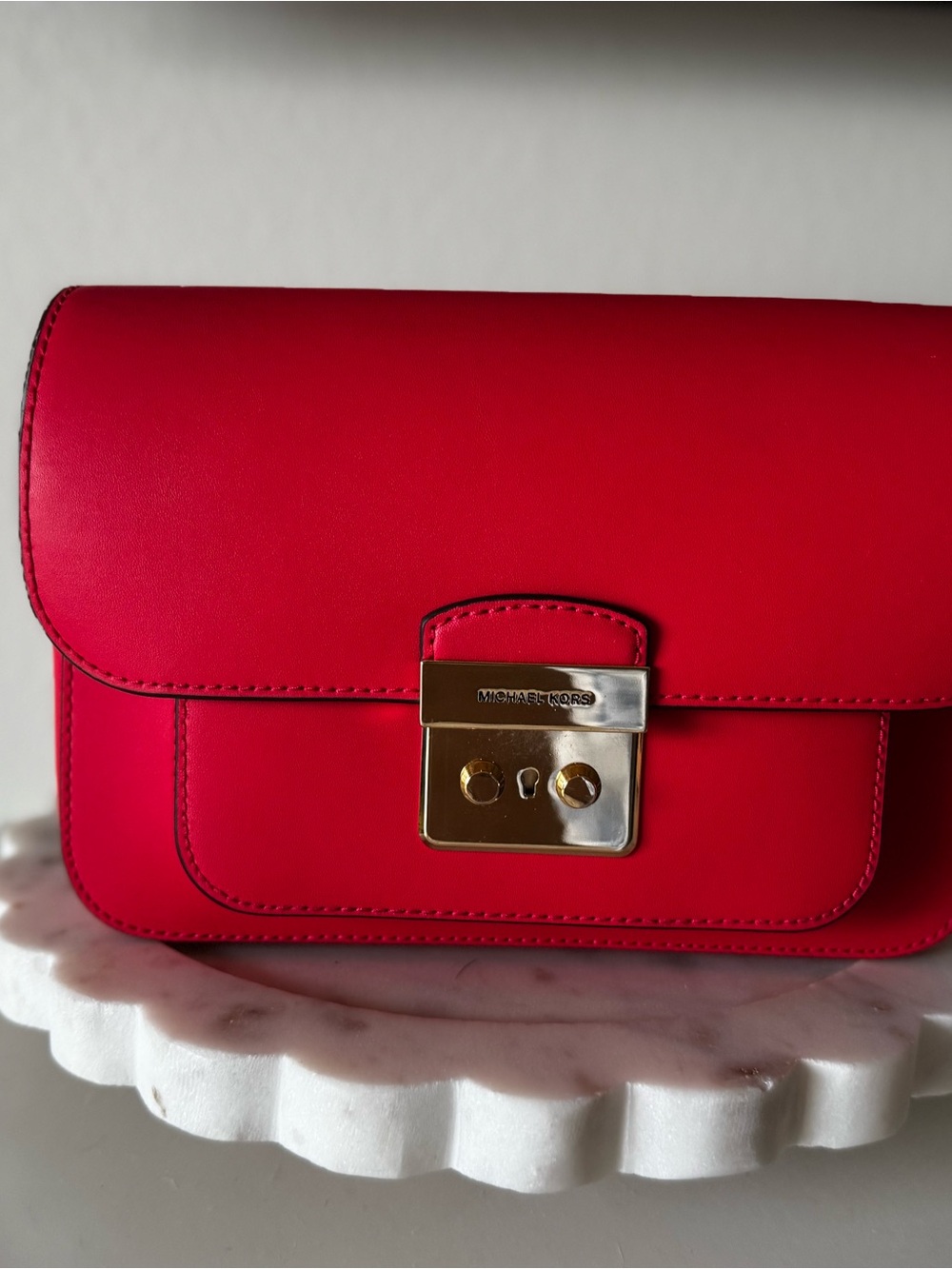 Michael Kors Bright Red Leather Crossbody with Gold Lock